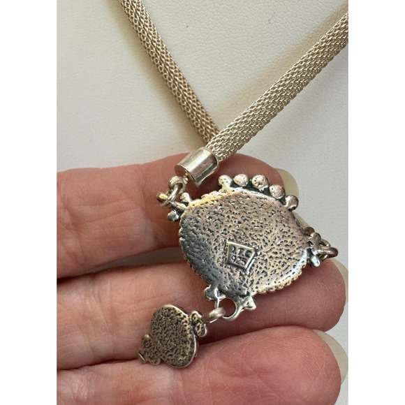 Oval Rainbow Moonstone Pendant 925 Silver Signed 2 T.C. Rope Chain - Picture 4 of 7